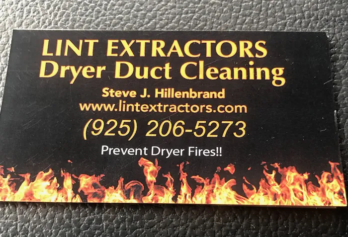 Steve's black business card with a row of flames along the bottom: Lint Extractors Dryer Duct Cleaning, Prevent Dryer Fires