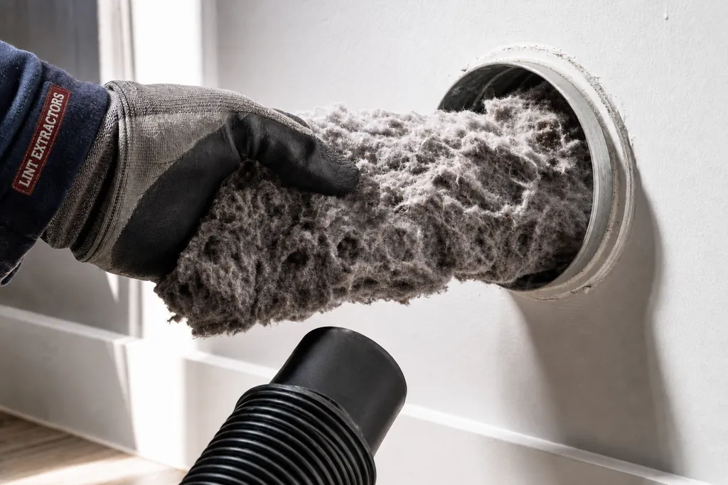 A gloved hand pulling a thick mat of grey lint out of an open wall duct