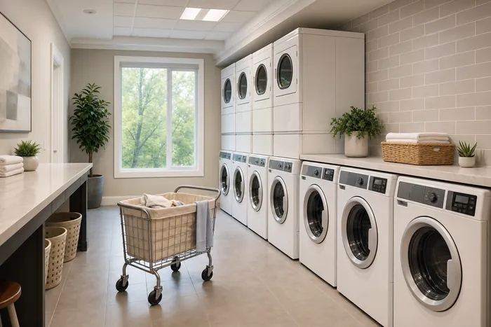 The shared laundry room of an apartment building — a row of coin-op washers and stacked dryers along a tiled wall